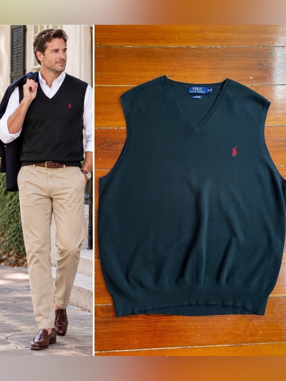 Polo Ralph Lauren Black Pima Cotton V-Neck Sweater Vest Men’s XXL 2XL 💚🎀